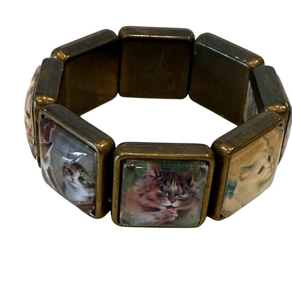 Bezel Set Cats Picture Charm Stretch Bracelet Vintage 7" - Picture 6 of 6